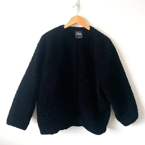 Zara Velvet Puffer Quilted Bomber Jacket Coat Black Size Medium - Picture 6 of 10